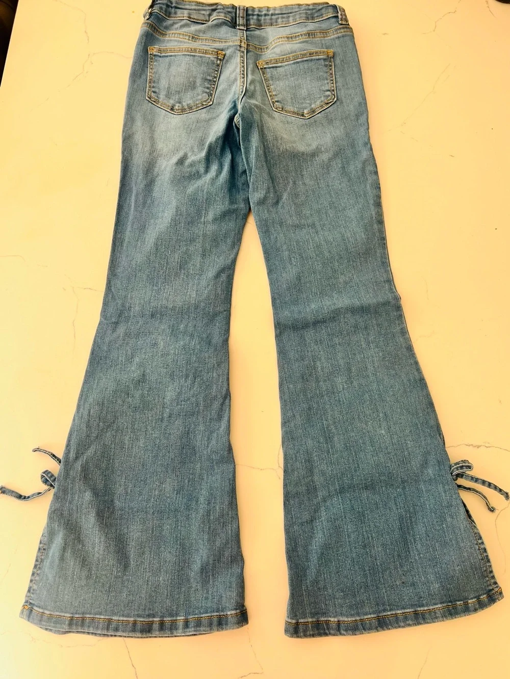 Pair of Girls Light & Mid Blue Denim Bow Jeans - Casual Wide Leg